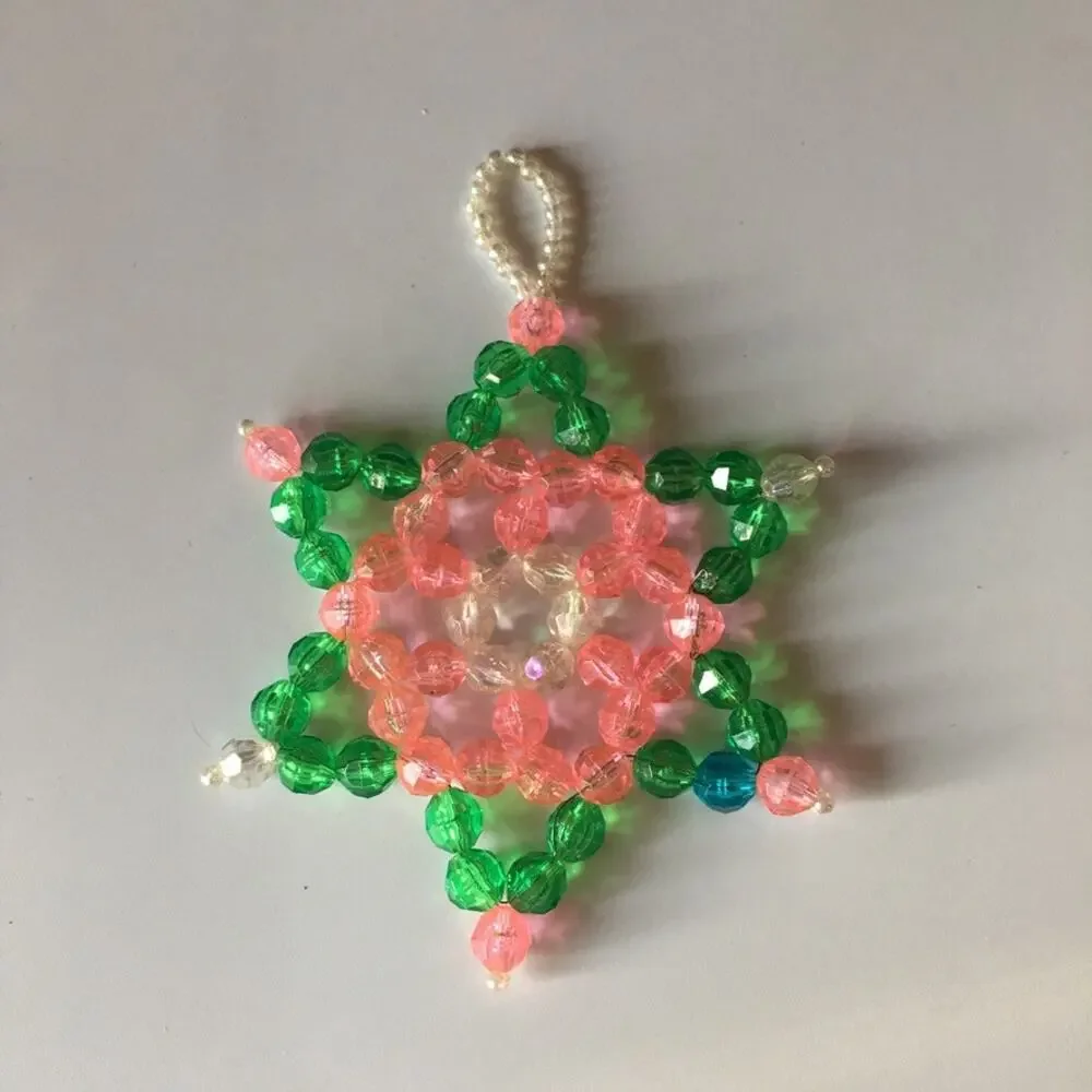 Vintage beaded Christmas star - handmade Christmas ornament, green and pink